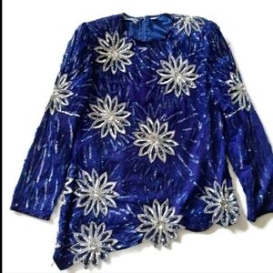 Vtg Scala silk top blue silver floral sequins diagonal evening party Formal Sz M
